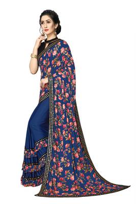 Blue Plain Lycra Designer Saree With Blouse 3