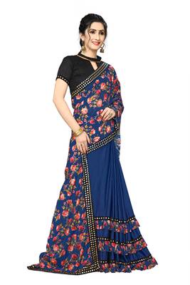 Blue Plain Lycra Designer Saree With Blouse 4