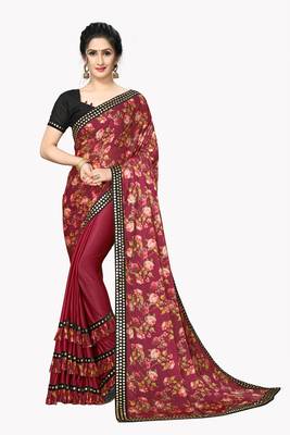 Red Plain Lycra Designer Saree With Blouse 1