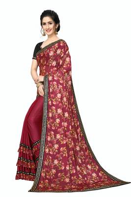 Red Plain Lycra Designer Saree With Blouse 3