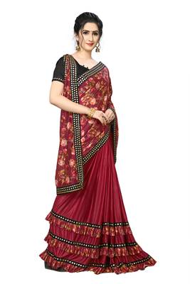 Red Plain Lycra Designer Saree With Blouse 4