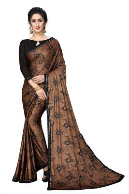 Brown Plain Lycra Designer Saree With Blouse 1