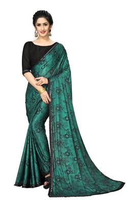 Green Plain Lycra Designer Saree With Blouse 1