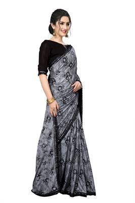 Grey Plain Lycra Designer Saree With Blouse 4