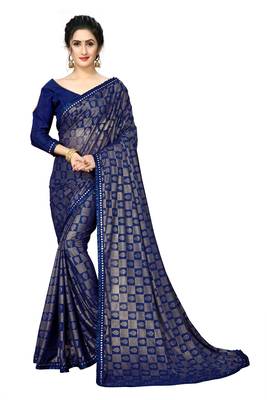 Blue Plain Lycra Designer Saree With Blouse 1