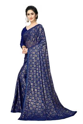 Blue Plain Lycra Designer Saree With Blouse 3