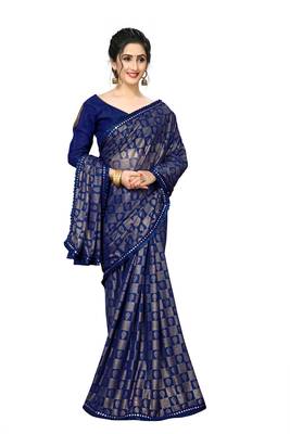 Blue Plain Lycra Designer Saree With Blouse 4