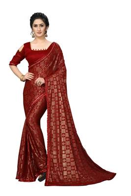 Red Plain Lycra Designer Saree With Blouse 1