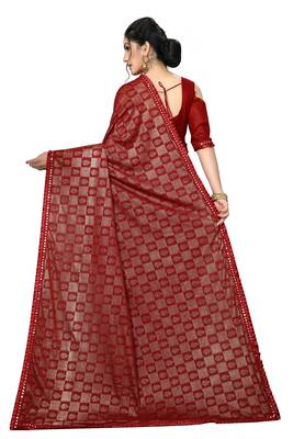 Red Plain Lycra Designer Saree With Blouse 2
