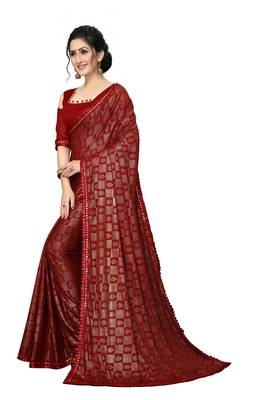 Red Plain Lycra Designer Saree With Blouse 3