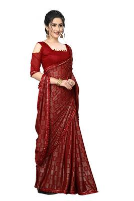 Red Plain Lycra Designer Saree With Blouse 4