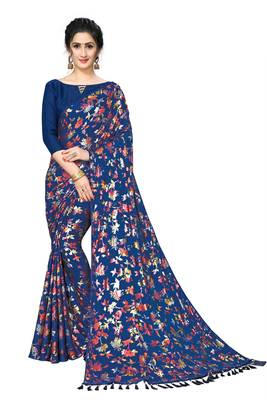 Blue Plain Lycra Designer Saree With Blouse 1