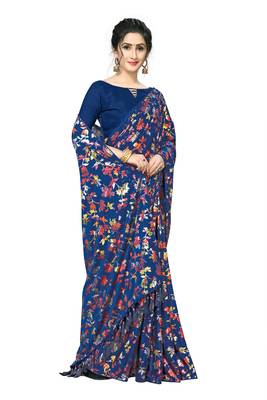 Blue Plain Lycra Designer Saree With Blouse 4