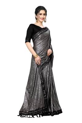 Grey Plain Lycra Designer Saree With Blouse 4