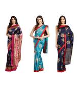 Combo Of 3 Poly Silk Multicolor Printed Women's Saree