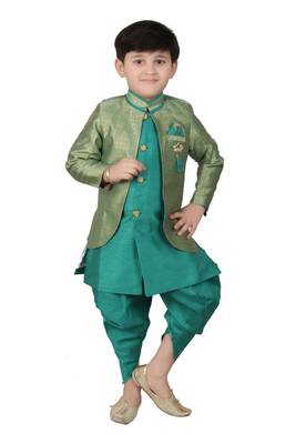Green printed cotton silk boys-sherwani 1
