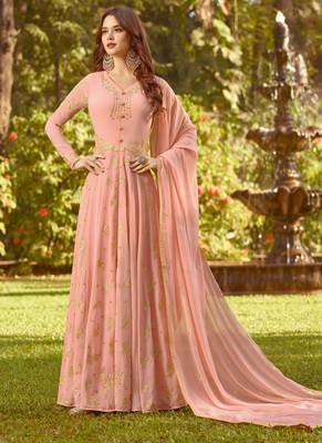 Peach Georgette Wedding Wear Abaya Style Anarkali Seni Suit 1