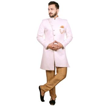 White plain raw silk sherwani 1