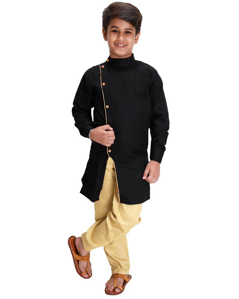 Black plain cotton silk boys-kurta-pyjama