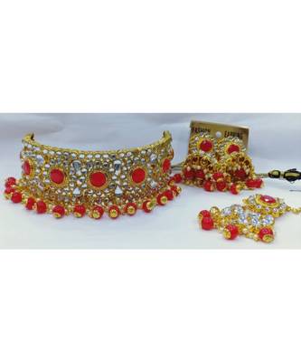 Ethnic Indian Bollywood Red Kundan Pearl Choker Jewelry Set 1