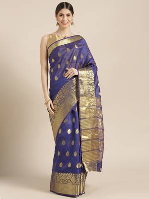 Kimisha Women's Navy-blue Color Silk Blend Kanjivaram Saree 1