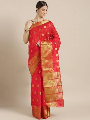 Kimisha Women's Red Color Silk Blend Kanjivaram Saree 1