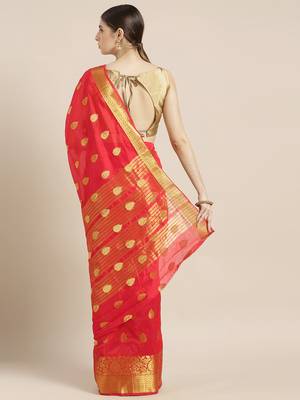 Kimisha Women's Red Color Silk Blend Kanjivaram Saree 2