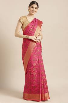 Kimisha Women's Pink Silk Blend Zari Work Kanjivaram Saree With Zari Border