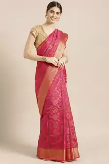 Kimisha Women's Pink Silk Blend Zari Work Kanjivaram Saree With Zari Border