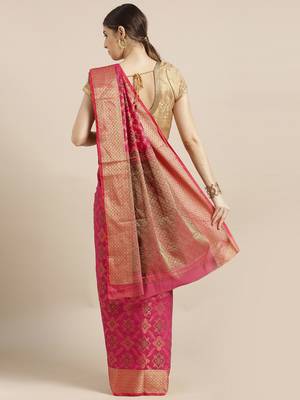 Kimisha Women's Pink Silk Blend Zari Work Kanjivaram Saree With Zari Border 2