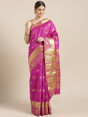 Kimisha Women's Pink Cotton Silk Butterfly Zari Work Kanjivaram Saree With Zari Border 1