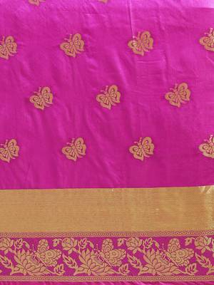 Kimisha Women's Pink Cotton Silk Butterfly Zari Work Kanjivaram Saree With Zari Border 4