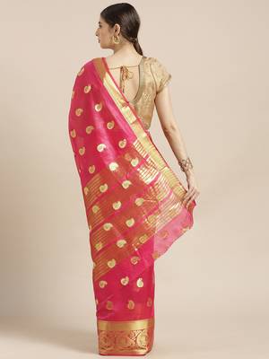Kimisha Women's Red Cotton Silk Zari Work Kanjivaram Saree With Zari Border 1
