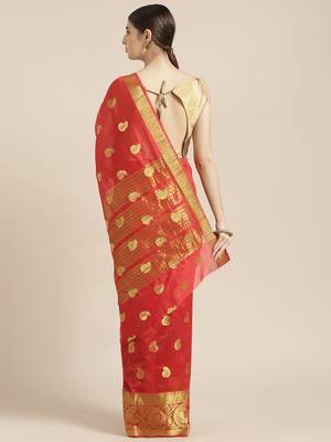 Kimisha Women's Red Cotton Silk Zari Work Kanjivaram Saree With Zari Border 1