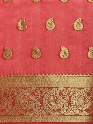 Kimisha Women's Red Cotton Silk Zari Work Kanjivaram Saree With Zari Border 3