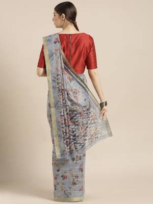 Grey printed blended cotton saree with blouse 1