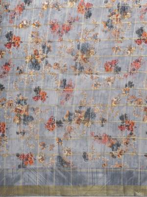 Grey printed blended cotton saree with blouse 3
