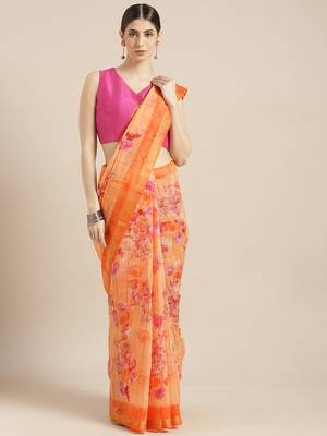 Kimisha Women's Orange Cotton Blend Floral Digital Printed Saree 1