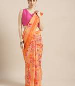 Kimisha Women's Orange Cotton Blend Floral Digital Printed Saree