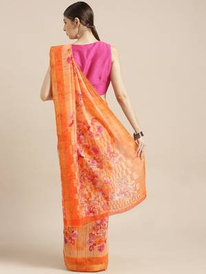 Kimisha Women's Orange Cotton Blend Floral Digital Printed Saree 2