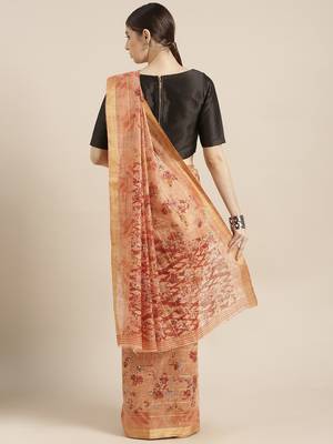 Kimisha Women's Peach Cotton Blend Floral Digital Printed Saree 1