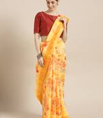 Kimisha Women's Yellow Cotton Blend Floral Digital Printed Saree