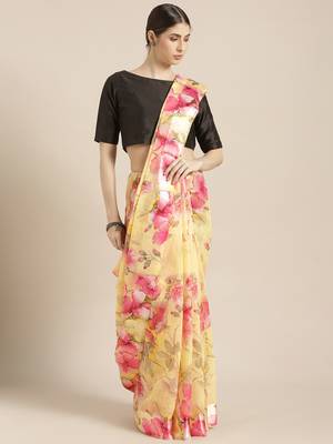 Kimisha Women's Yellow Linen Blend Floral Digital Printed Saree 1