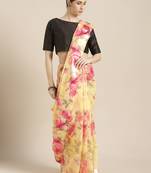 Kimisha Women's Yellow Linen Blend Floral Digital Printed Saree