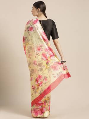 Kimisha Women's Yellow Linen Blend Floral Digital Printed Saree 2