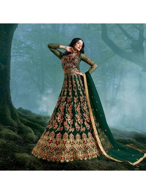 Dark green multi resham work net salwar 1