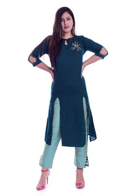 Green embroidered Rayon Kurti with pant set 1
