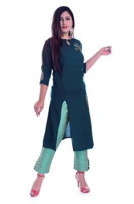 Green embroidered Rayon Kurti with pant set 2