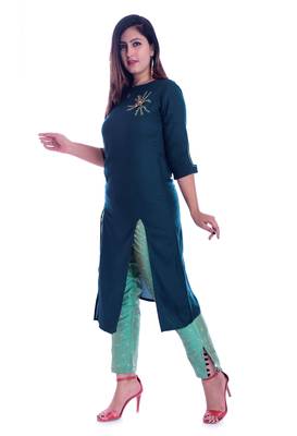 Green embroidered Rayon Kurti with pant set 3