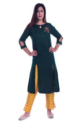 Green embroidered Rayon Kurti with pant set 1